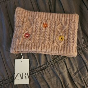 Zara Girls Pink Knit Floral Scarf-New With Tags